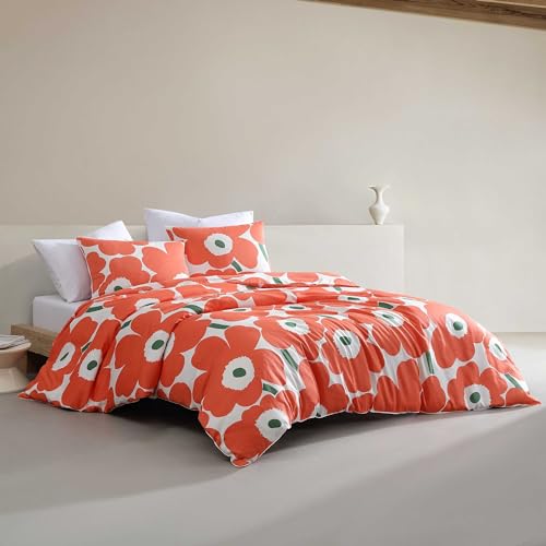 Marimekko - Duvet Cover Set, Super Soft Organic Bedding, Casual Home Decor (Unikko Orange, Queen)