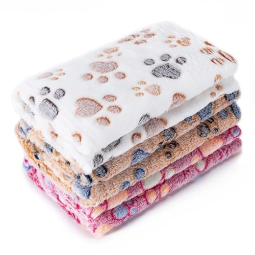 1 Pack 3 Blankets Super Soft Fluffy Premium Fleece Pet Blanket Flannel Paw Printed Throw for Dog Puppy Cat (Small 23x16'', Brown, Pink, White)