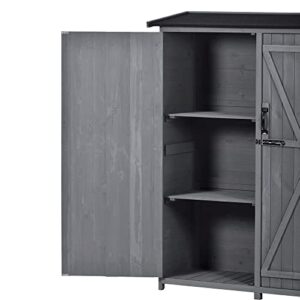 LOUHME Outdoor Wooden Storage Shed, 5.3ft Hx4.6ft L Garden Storage Cabinet with Waterproof Asphalt Roof, Double Lockable Doors and 3-Tier Shelves for Patio Backyard, Ideal Tool Organizer, Gray