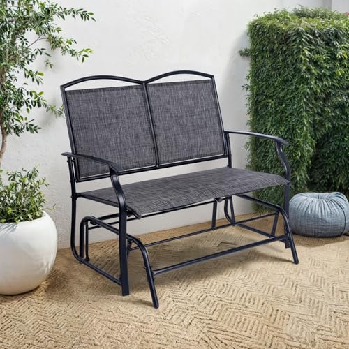 Backyard Expressions 2-Person Outdoor Glider Bench, Patio Double Swing Rocking Chair Loveseat w/Powder Coated Steel Frame for Backyard Garden Porch, Black Frame - Heathered Grey Sling Fabric