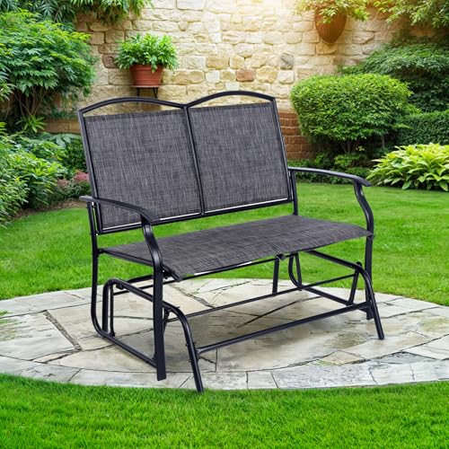 Backyard Expressions 2-Person Outdoor Glider Bench, Patio Double Swing Rocking Chair Loveseat w/Powder Coated Steel Frame for Backyard Garden Porch, Black Frame - Heathered Grey Sling Fabric