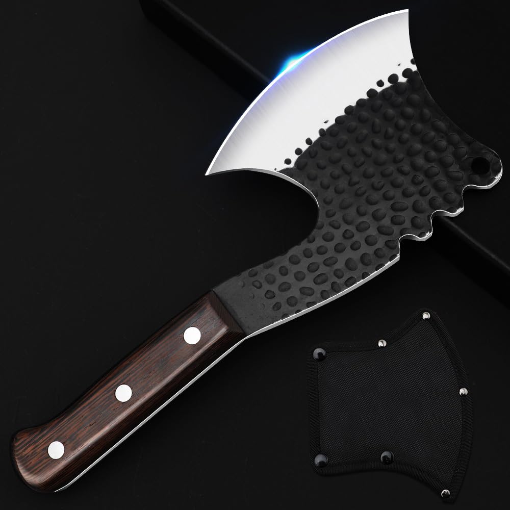 Veisky Handmade Meat Cleaver Axes Shape Forged Heavy Duty High Carbon Butcher Knife Boning Breaker Chopper Cutting Chef Knife with Cover for Kitchen (BLACK)