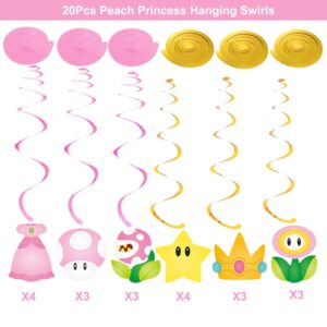 20Pcs Princess Peach Hanging Swirls, Pink Yellow Princess Peach Birthday Party Hanging Decor Whirl, Cartoon Ceiling Streamers for Girl Mario Princess Peach Party, Princess Baby Shower Decorations