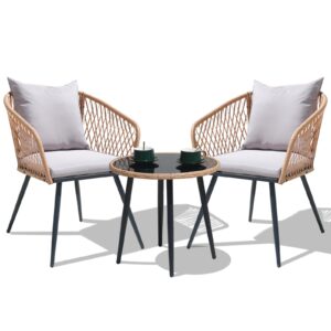 3 piece patio furniture bistro set, outdoor all-weather rattan conversation set for garden balcony backyard poolside (yellow+gray)