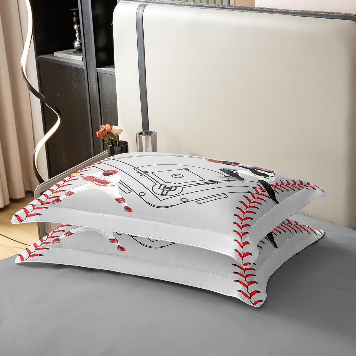 Castle Fairy Baseball Player Comforter Cover Queen Baseball Field Print 100% Organic Cotton Duvet Cover American Sports Ball Game Bedding Sets Red Baseball Texture Bedspread Cover 3 Pieces