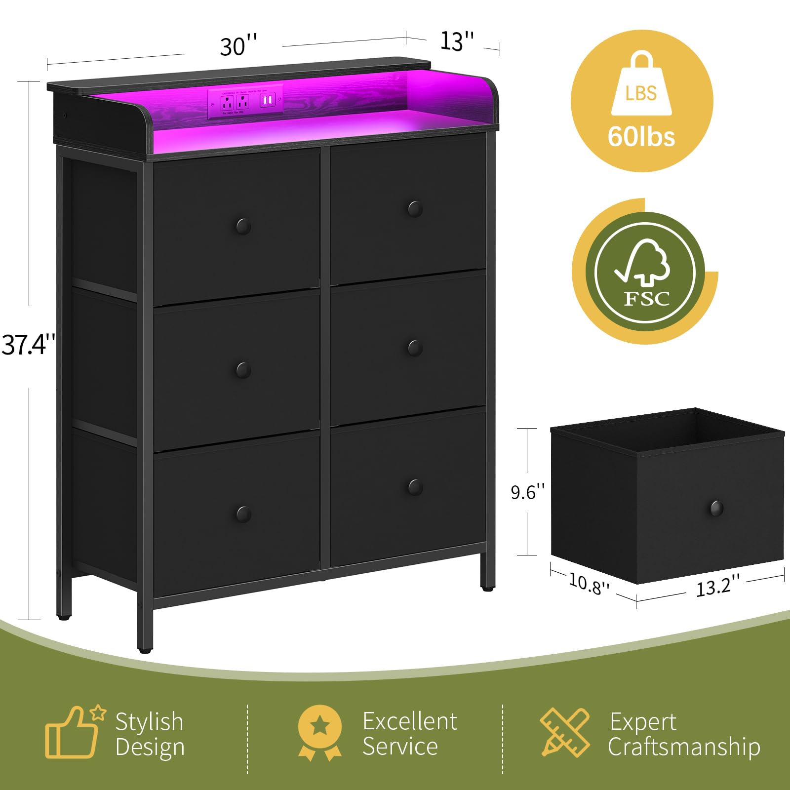 Yoobure Dresser for Bedroom with Charging Station, 6-Drawer Chest Furniture with LED Lights, Fabric Dressers & Chests of Drawers, Storage Tower Organizer Unit for Kids Room Closet Living Room Hallway