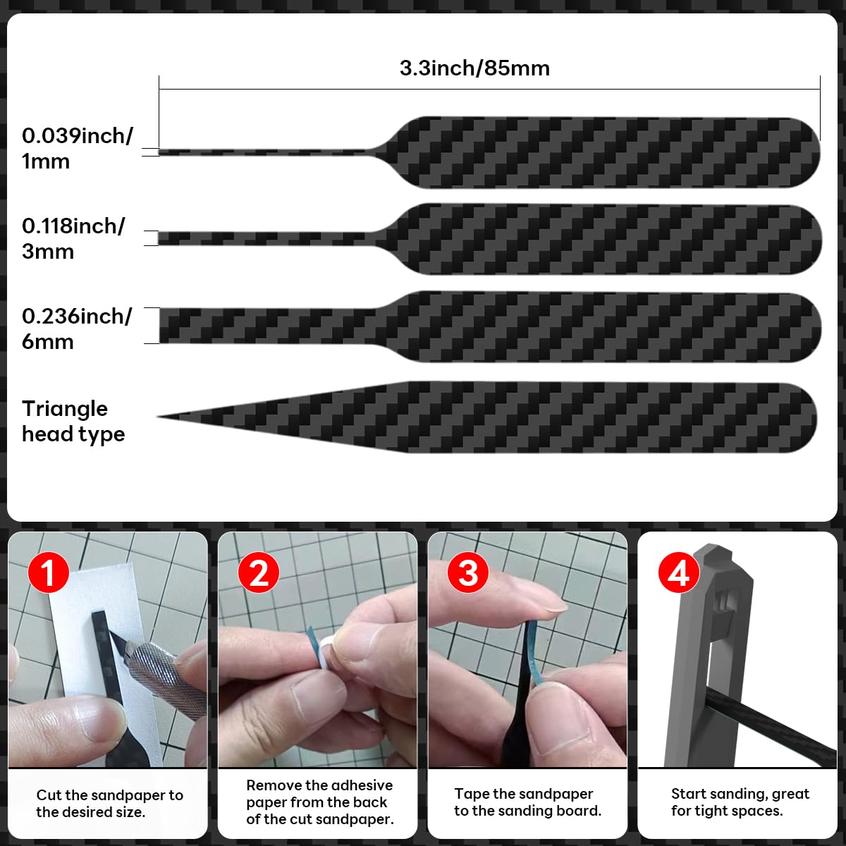 stedi Carbon Fiber Sanding Sticks, Hobby Model Tools, 7-Piece Set (3"×0.6",3"×0.4",3"×0.2" and 4 Detail Sanding Boards) Professional Sanding Sticks for Sticky Sandpaper