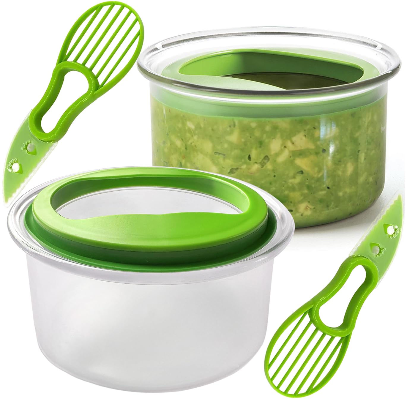 Kreapa Guacamole keeper (2park) guacamole bowls avocado keeper Fresh Guacamole Plastic Kitchen Storage Container with Air Tight Lid, 3-in-1 Avocado Slicer avocado tool 2pcs