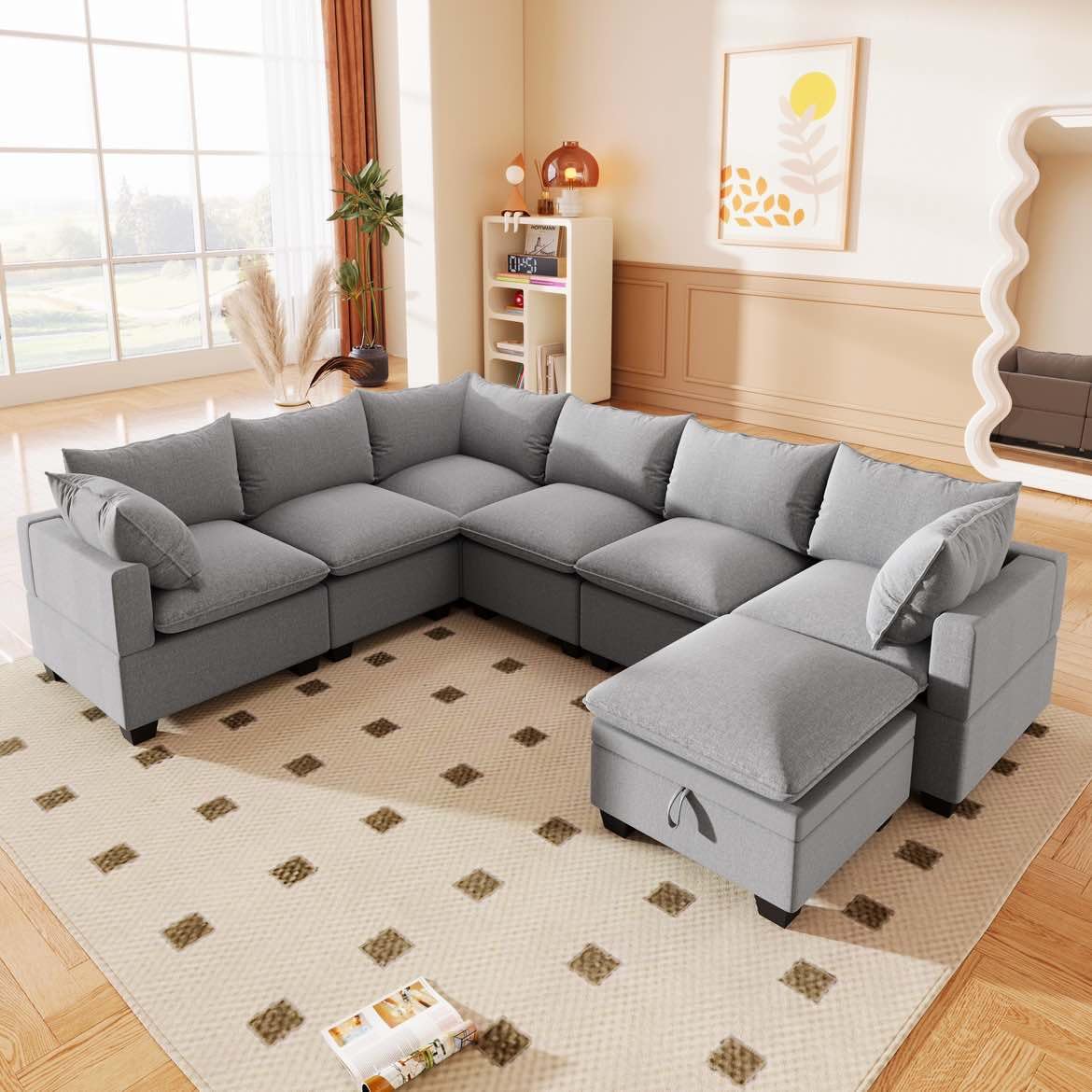 Tmsan 120" Oversized Modular Sectional Sofa, U Shaped Deep Couch with Storage Ottoman, Large 7 Seater Corner Sofa for Living Room, Spacious Space, Grey Polyester