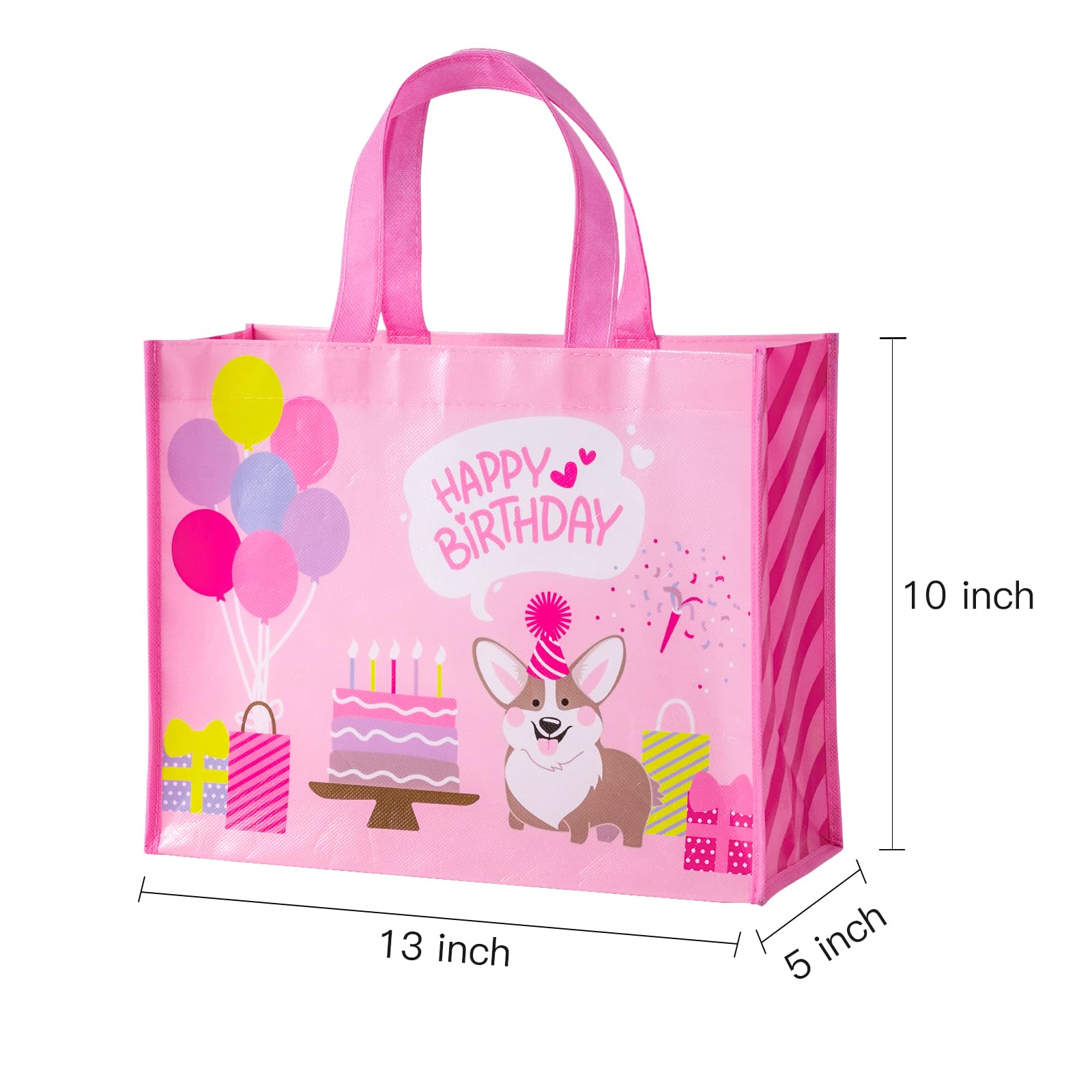 WRAPAHOLIC Large Reusable Birthday Gift Bag with Handles - 10 x 5 x 13 inch - Adorable Corgi Dog Happy Birthday