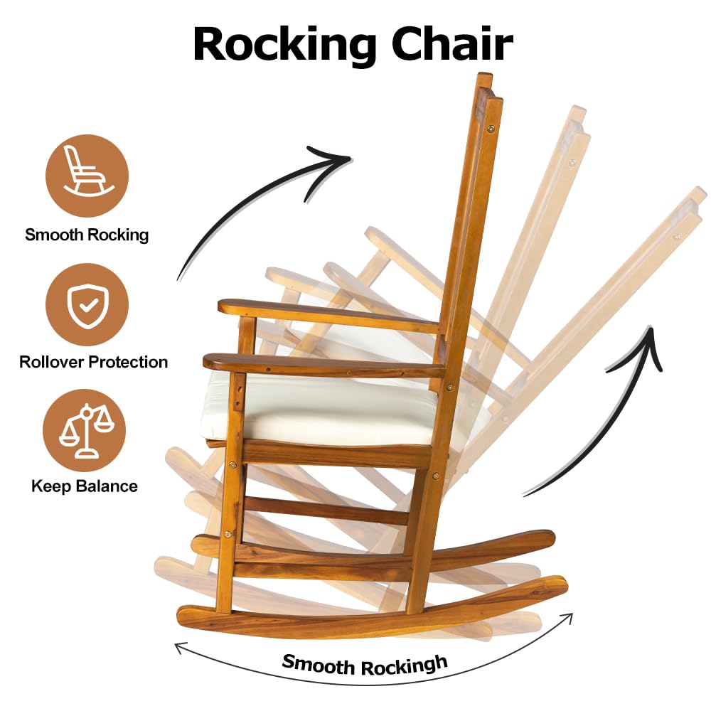 Panana Acacia Wood Rocking Chair Outdoor Porch Rocker with Cushion for Patio, Garden, Balcony, Backyard, Living Room