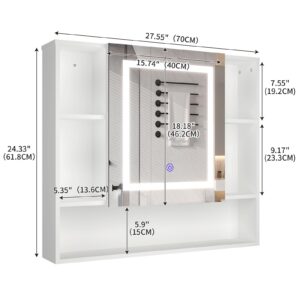 SOOWERY Medicine Cabinet Mirror with Led Light 27.5" W x 24.3" H Lighted Vanity Mirror Wall Mounted Bathroom Storage Cabinet with Single Door Surface Farmhouse Bathroom Cabinets White