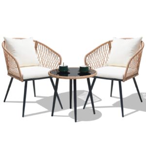 3 piece patio furniture bistro set, outdoor all-weather rattan conversation set for garden balcony backyard poolside (yellow+white)