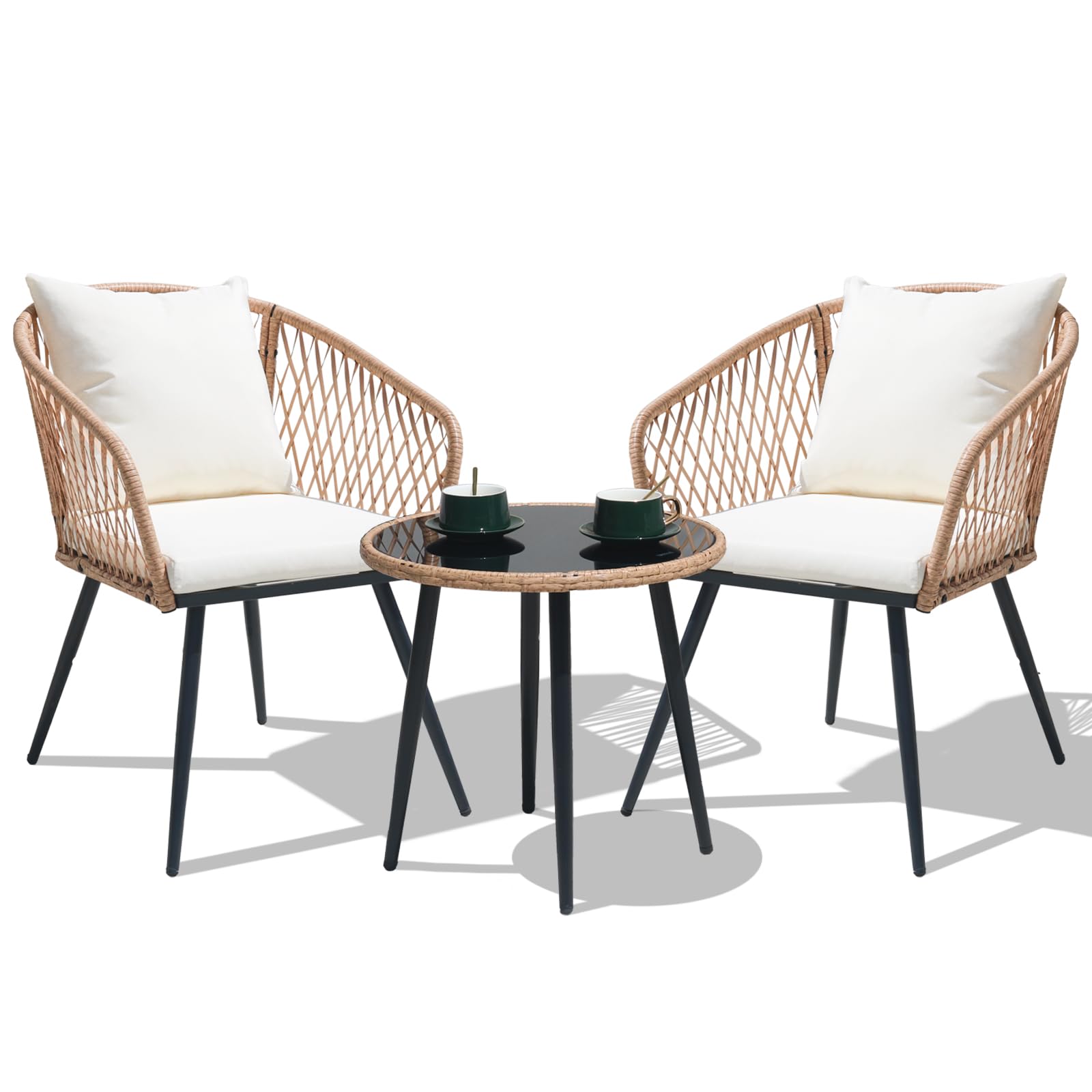 3 Piece Patio Furniture Bistro Set, Outdoor All-Weather Rattan Conversation Set for Garden Balcony Backyard Poolside (Yellow+White)