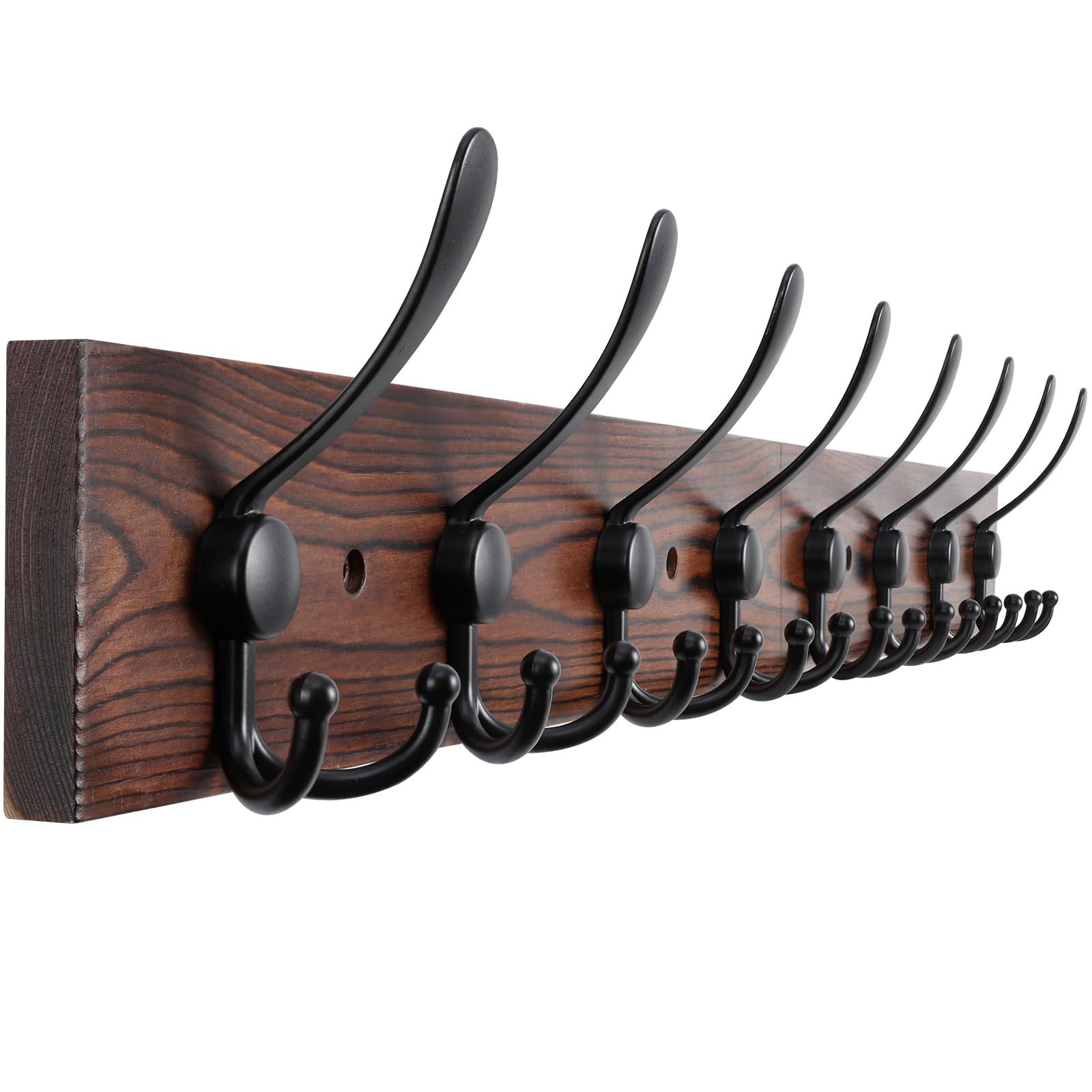 Kuhome 32.2'' Large Coat Rack Wall Mount Coat Hooks Coat Hanger with 8 Metal Black Triple- Hooks Brown Pine Real Wood Plank Hat Rack for Wall Hooks for Hanging Coat Hat Jacket