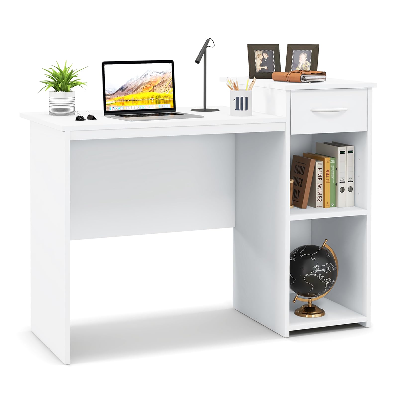 Giantex Computer Desk with Storage, Modern PC Laptop Table with Printer Shelf, Drawer, CPU Stand & Cable Hole, Compact Study Writing Desk Workstation for Small Spaces Home Office, White