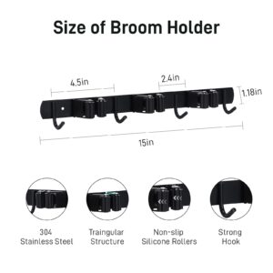 AACGIN Mop and Broom Holder Wall Mount Stainless Steel Broom Hanger Wall Mount 3 Racks with 4 Hooks Broom Holder Wall Mount for Kitchen Garden Laundry Garage - Black