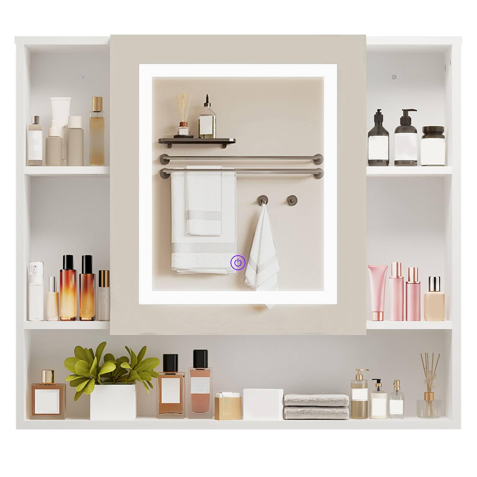 SOOWERY Medicine Cabinet Mirror with Led Light 27.5" W x 24.3" H Lighted Vanity Mirror Wall Mounted Bathroom Storage Cabinet with Single Door Surface Farmhouse Bathroom Cabinets White