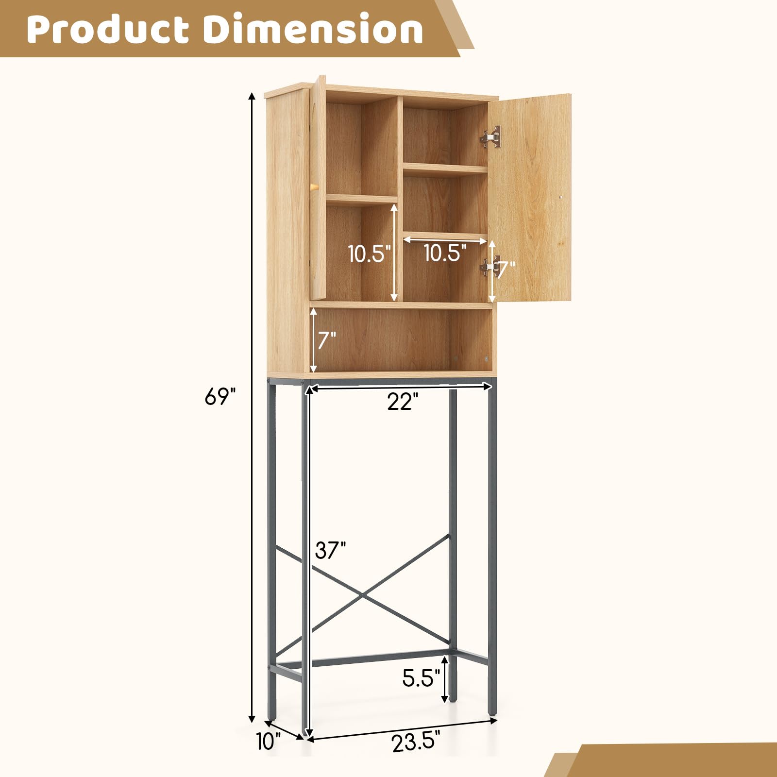 Tangkula Over The Toilet Storage Cabinet, 69" Tall Freestanding Above Toilet Organizer w/Rattan Doors & Shelves, Home Space Saver for Bathroom & Laundry Room (Farmhouse, Natural)