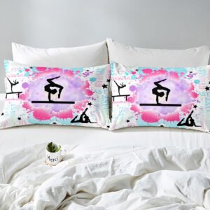 Gymnastics Bedding Set Gymnastics Lovers Girls Bedding Duvet Cover Set Gymnast Silhouettes Comforter Cover Set Pink Blue Tie Dye Bedspread Cover Bedroom Quilt Cover 2Pcs Twin