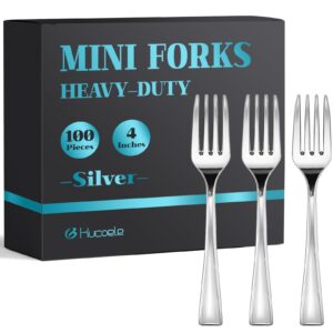 kucoele 100 pack silver mini plastic forks, 4 inches disposable small appetizer forks tiny tasting forks for desserts, strawberries, charcuterie, cake pops, cocktails, fruits