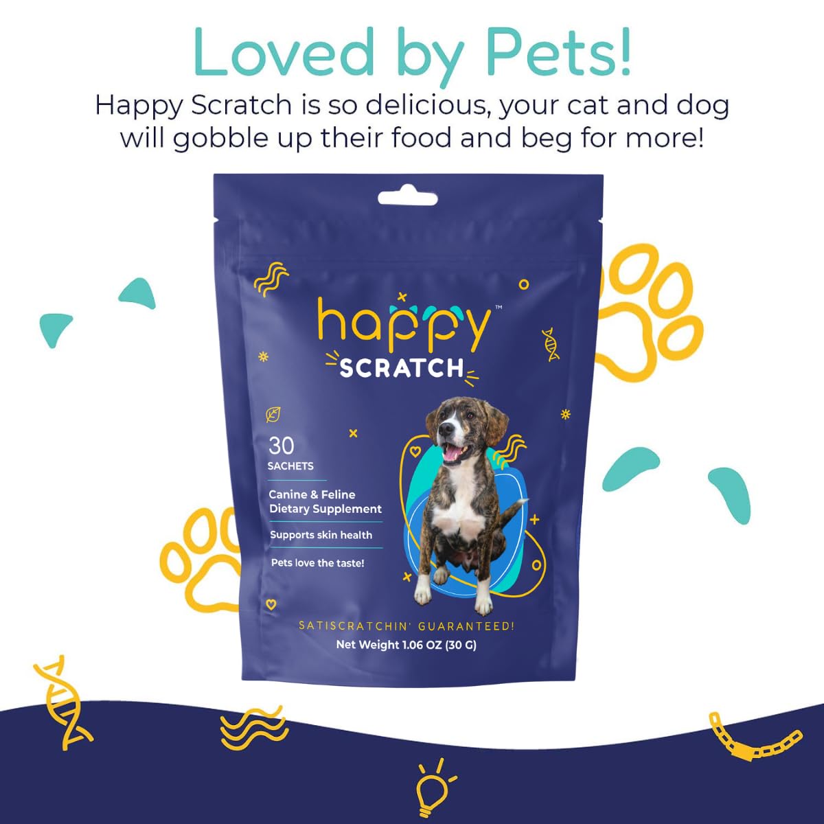 Happy Scratch Dog Allergy Relief for Itching and Licking, Itchy Skin and Chewing from Seasonal Allergies, Flavor Pets Love, One Month Supply for All Cat and Dog Breeds - 30 Sachets