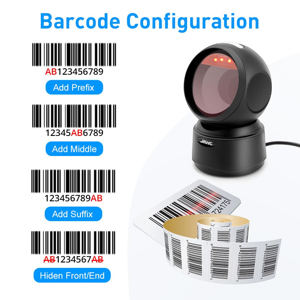 JRHC 1D 2D Desktop Barcode Scanner, Omnidirectional Automatic Sensing Platform Scanner, Hands-Free USB Wired Image Sensing QR Barcode Reader