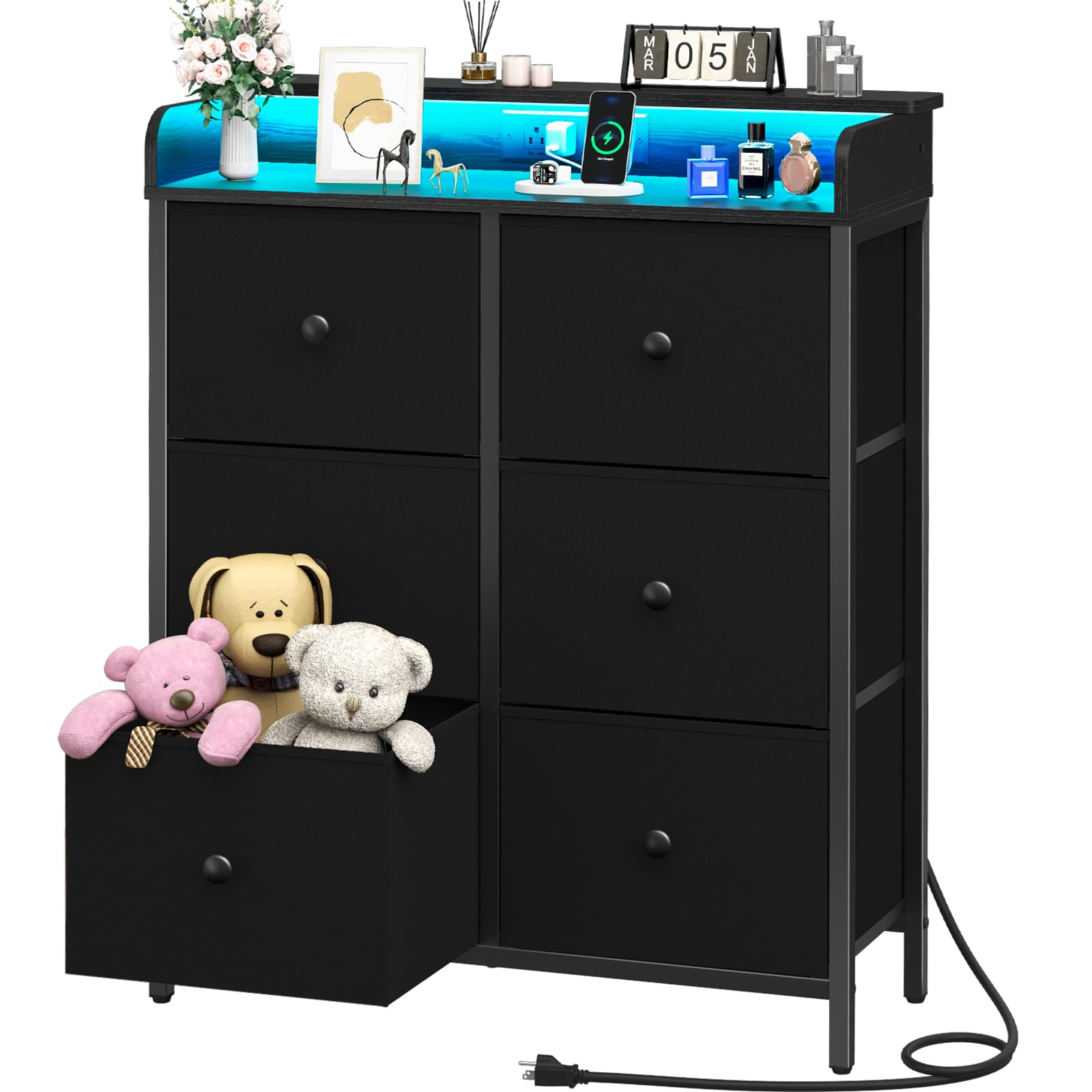 Yoobure Dresser for Bedroom with Charging Station, 6-Drawer Chest Furniture with LED Lights, Fabric Dressers & Chests of Drawers, Storage Tower Organizer Unit for Kids Room Closet Living Room Hallway