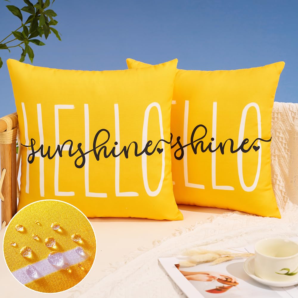 DFXSZ Outdoor Pillow Covers 16x16 Inch Set of 2 Hello Sunshine Decor Yellow Waterproof Throw Pillow Covers Summer Outdoor Waterproof Pillow Covers Decor for Patio Funiture Garden Sofa Couch 020B16