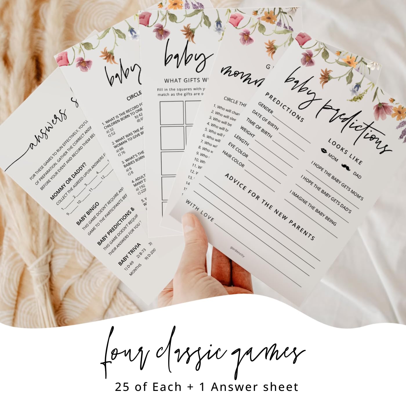 GardenCity Baby Shower Games Set for 25 Guests - 4 Fun Activities, Baby in Bloom/Floral Theme, 50 Double-Sided Cards (Wildflower)