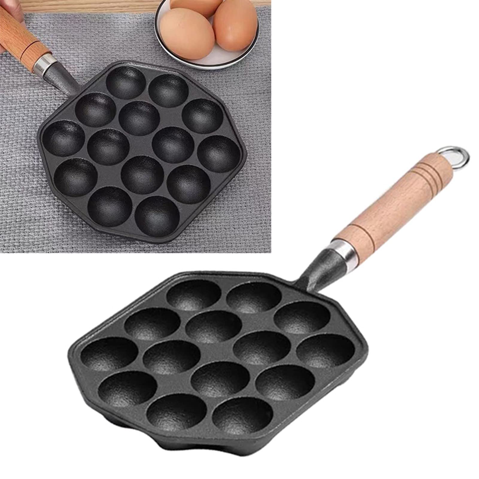 Yunir Takoyaki Pan, 14 Holes Cast Nonstick Iron Japanese Grill Pan with Detachable Handle, Anti Scalding, Octopus Meat Balls Maker, Easy to Use and Store