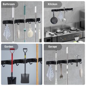 AACGIN Mop and Broom Holder Wall Mount Stainless Steel Broom Hanger Wall Mount 3 Racks with 4 Hooks Broom Holder Wall Mount for Kitchen Garden Laundry Garage - Black