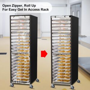 Sowokdon Bun Pan Sheet Rack Cover,Bread Speed Rack Cover,Fit 20 Tier / 10 Tier Bakery Rack for Home Kitchen Commercial Pizza Rack with Zipper(Transparent Panels with Breathable Mesh Vent- 20-Tier)