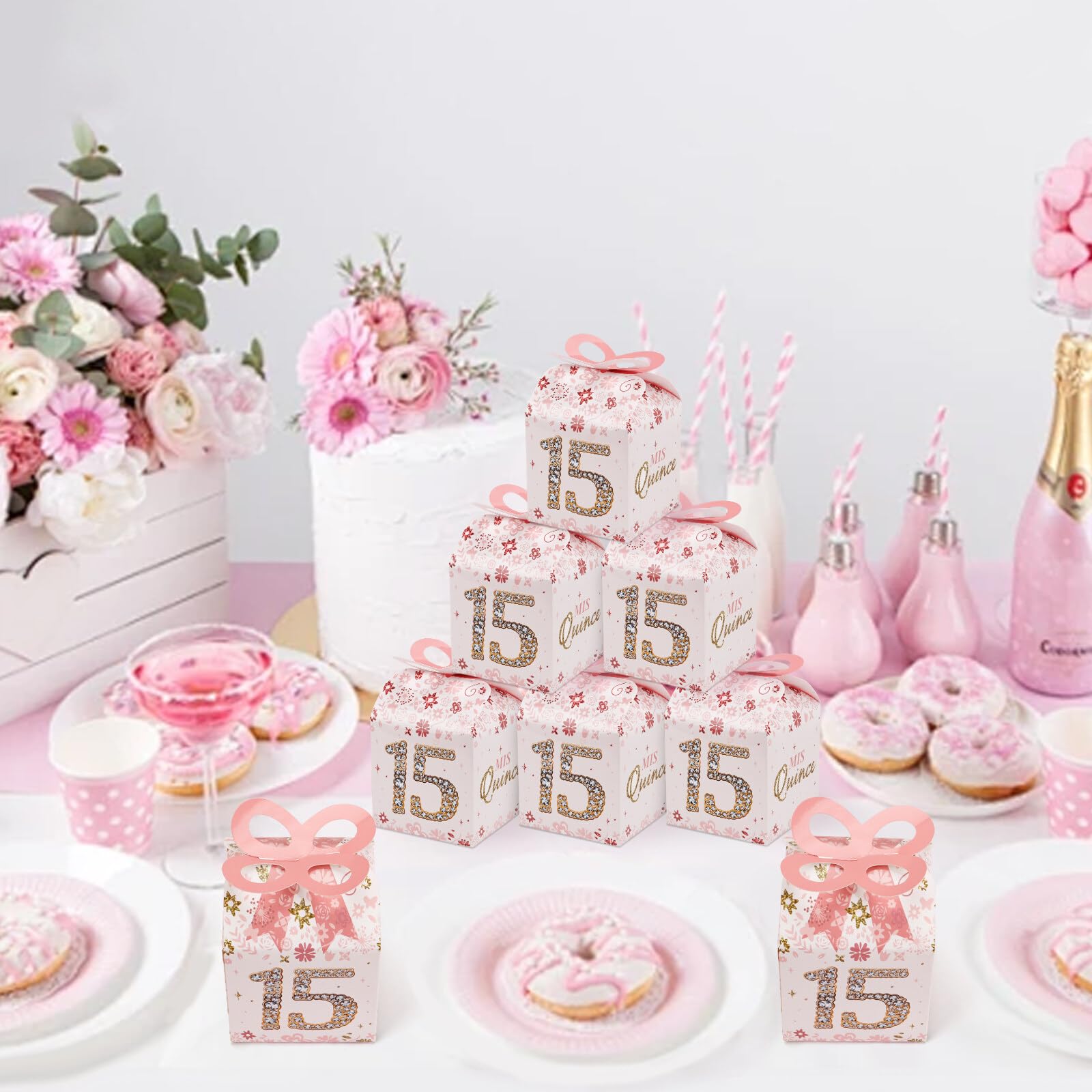 Qonmpcvu 50PCS 15th Birthday Box 13" 15th Birthday Party Favor Boxes Quinceanera Party Decorations Mis Quince Anos, Sweet 15 Birthday 15th Birthday Box Decoration Rose Gold For Guest Party