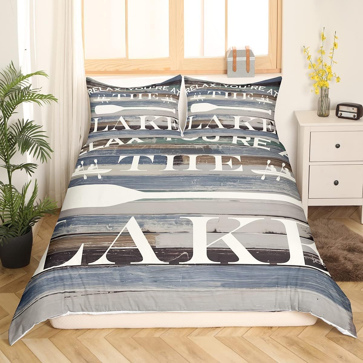 Lake House Duvet Cover Twin Size, Rustic Farmhouse Old Barn Bedding Set for Kids Teens Adults Home Room Decor,White Paddle Comforter Cover Nautical Adventure Quilt Cover 2Pcs,1 Pillowcase