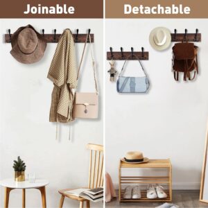 Kuhome 32.2'' Large Coat Rack Wall Mount Coat Hooks Coat Hanger with 8 Metal Black Triple- Hooks Brown Pine Real Wood Plank Hat Rack for Wall Hooks for Hanging Coat Hat Jacket