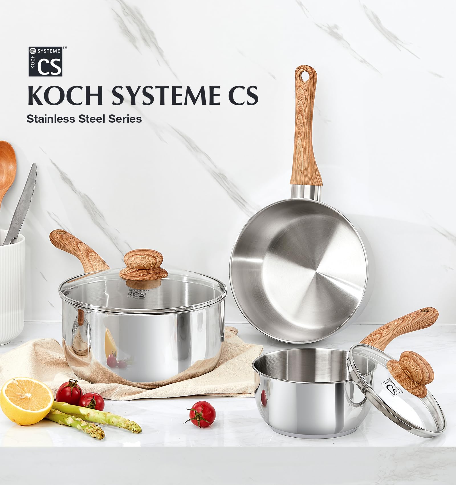 KOCH SYSTEME CS Stainless Steel Saucepan Set, 1QT & 2QT & 3QT Sauce Pan with Heat-resistant Bakelite Handle, Premium Stainless Steel Pot Set, Induction Sauce Pan Sets, Stainless Steel Pots 6 Piece