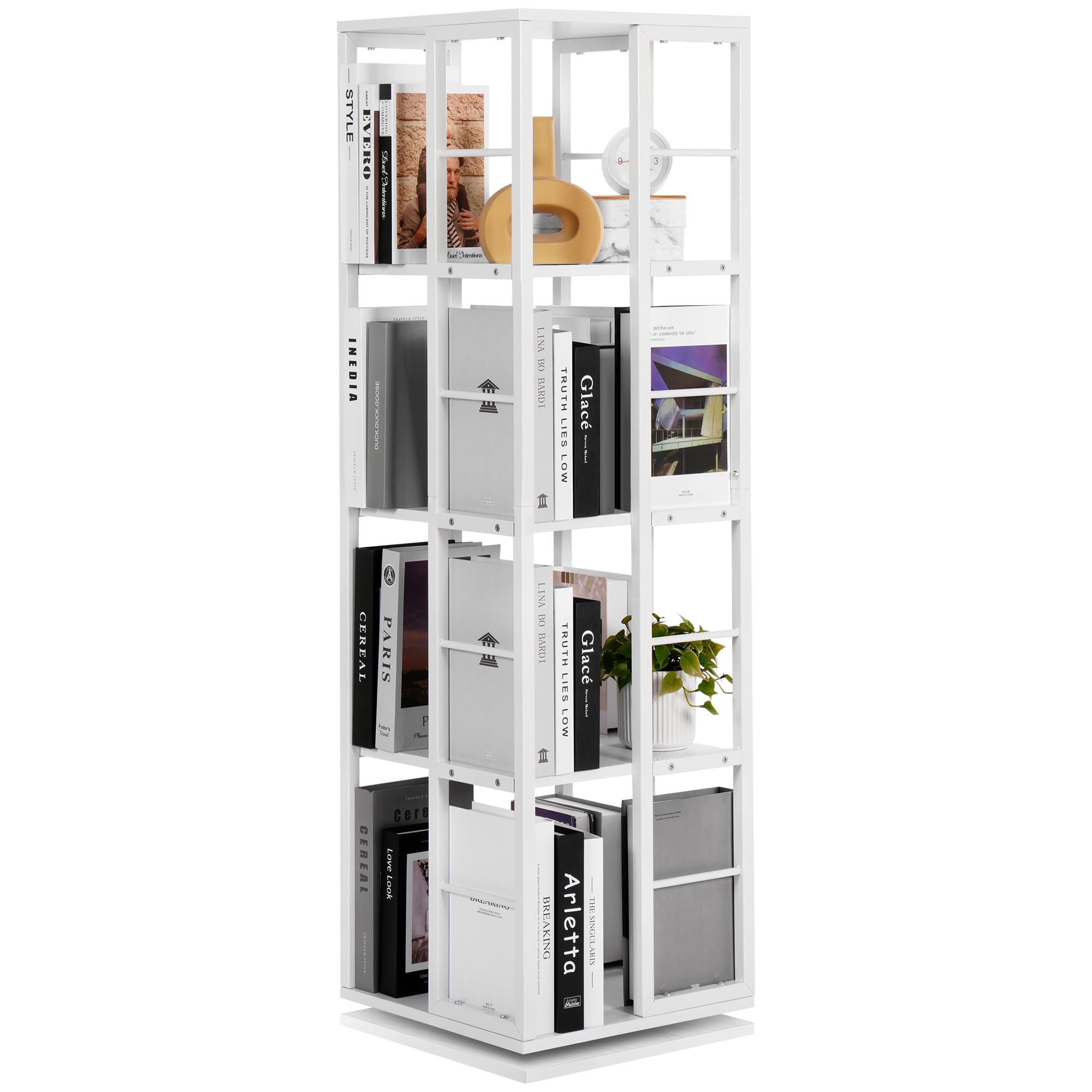 Rengue Rotating Bookshelf, 4-Tier 360 Revolving Bookcase Spinning Bookshelf Square Corner Bookshelf Organizer Storage Rack for Small Space,Bedroom, Study Room, White