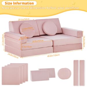 TUKAILAi 10PCS Modular Kids Play Couch, Convertible Child Sectional Sofa, Imaginative Furniture Play Set for Creative Kids, Toddler, Teen Nugget Couch for Boys and Girls(Pink)