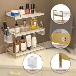 Bathroom Organizer Countertop ,3 Tiers Bathroom Countertop Organizer,Bathroom Counter Organizer With Basket,Gold Vanity Organizer Countertop Table for Skincare Cosmetics, Dressers, Cosmetic Organizerr