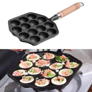 Yunir Takoyaki Pan, 14 Holes Cast Nonstick Iron Japanese Grill Pan with Detachable Handle, Anti Scalding, Octopus Meat Balls Maker, Easy to Use and Store