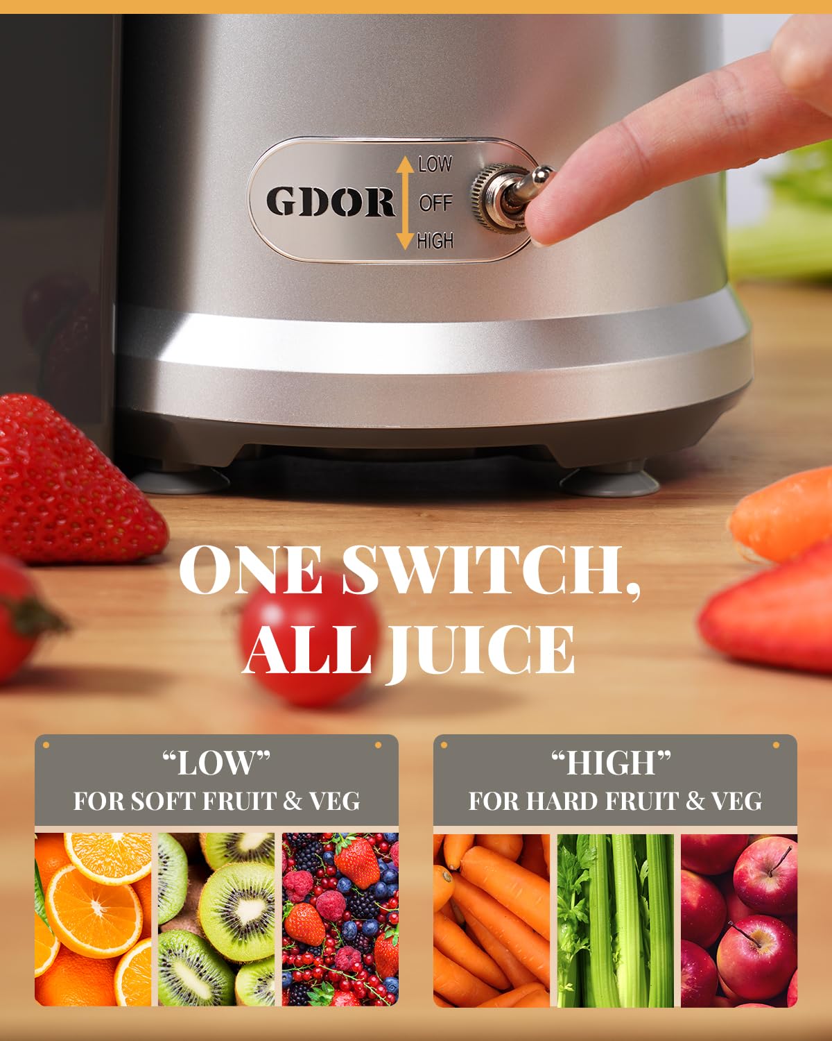 Powerful GDOR 1200W Juicer with Larger 3.2" Feed Chute, Titanium Enhanced Cutting System, Centrifugal Juice Extractor Maker with Heavy Duty Full Copper Motor, Dual Speeds, BPA-Free, Silver