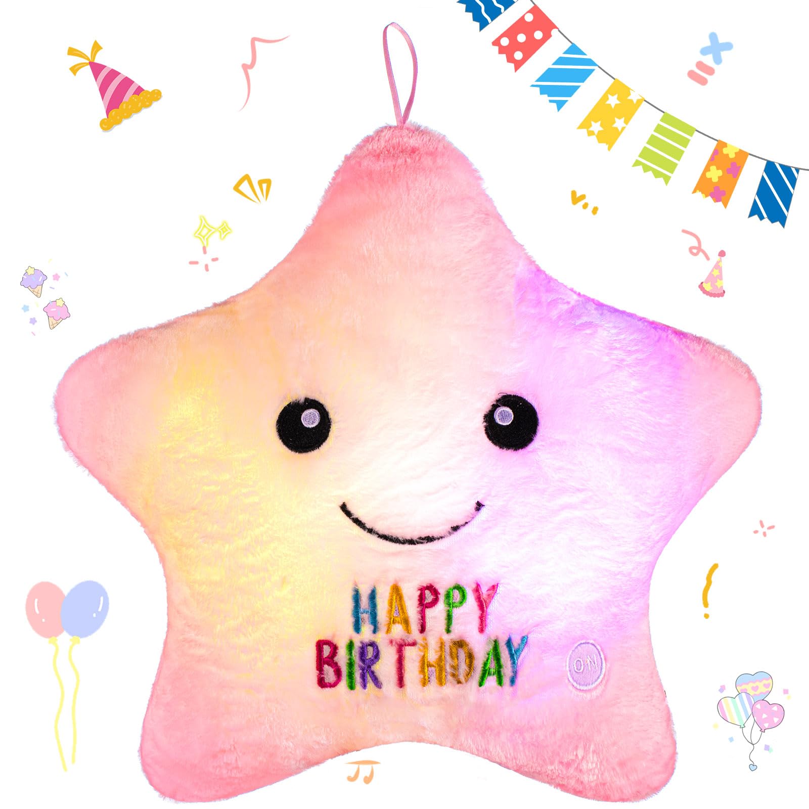 Lineshading 15'' Twinkle Plush Pillows LED Happy Birthday Star Pillow Sensory Light up Plush Toys Night Lights Star Shaped Stuffed Pillow Pink Glowing Birthday Gift for Birthday Gifts Party Favors