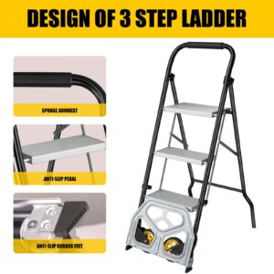 3 Step Ladder & Folding Hand Truck,One Step Folding into a 3 Step Stool with Wide Anti-Slip Pedal and Cushioned Handle,One Unfolding into a 2 in 1 Aluminum Dolly Cart for Moving Luggages Goods