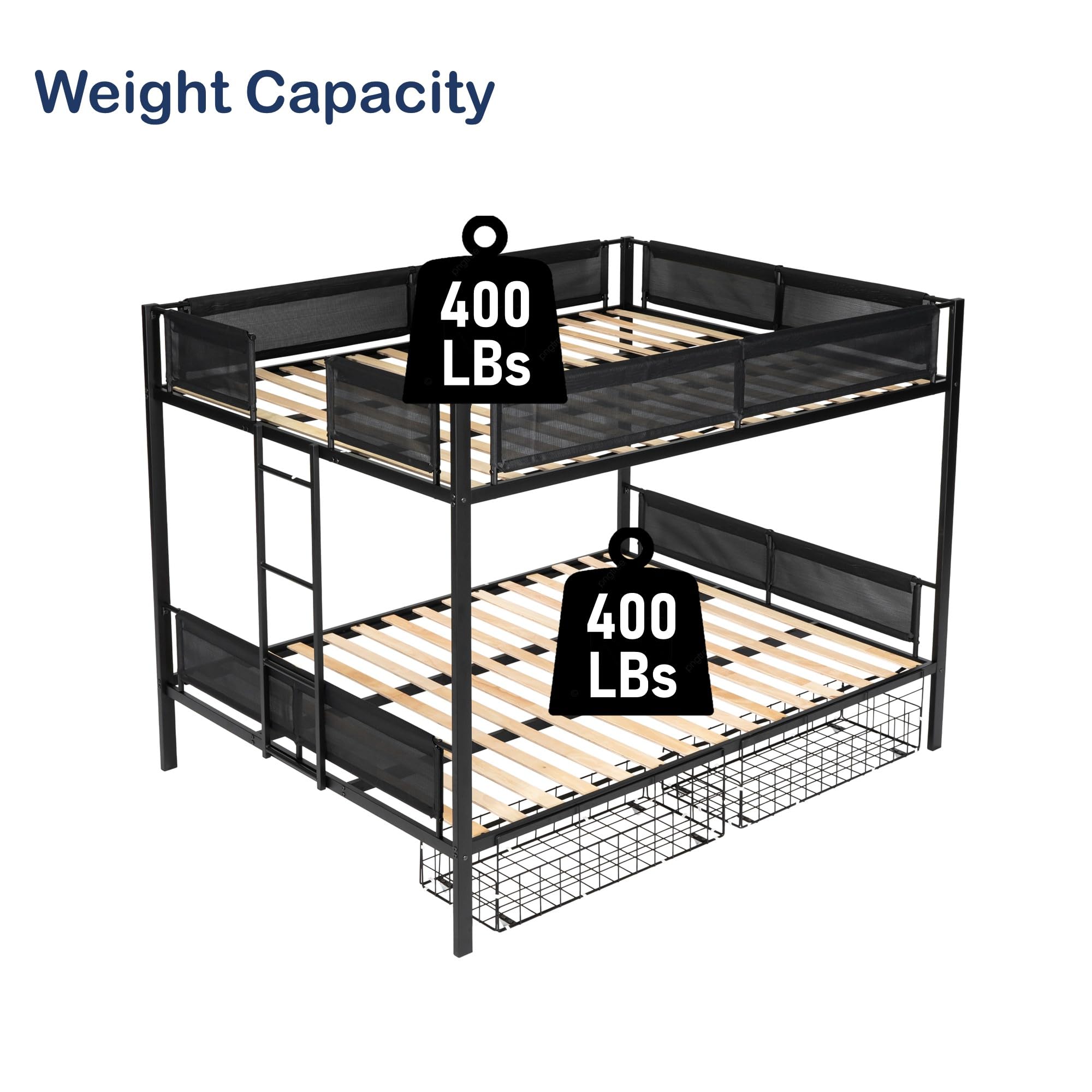 DNYN Queen Over Queen Bunk Bed with Storage Drawers & Wood Slat Support & Ladder & Safety Rails for Kids/Adults,Space Saving Design & No Box Spring Needed,Perfect for Dorm,Bedroom,Guest Room, Black