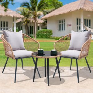 3 Piece Patio Furniture Bistro Set, Outdoor All-Weather Rattan Conversation Set for Garden Balcony Backyard Poolside (Yellow+Gray)