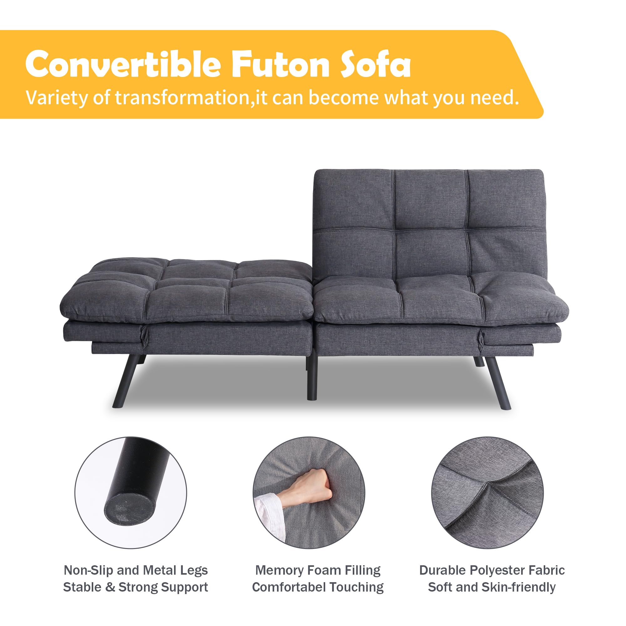 Hcore Bed,Grey Linen Futon Couch Small Foldable Loveseat Sofas