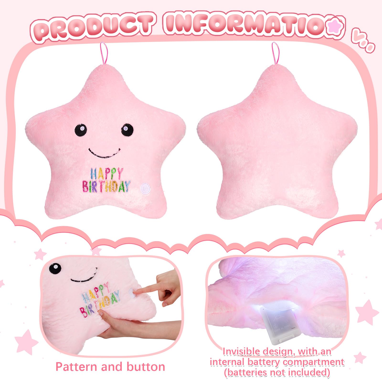 Lineshading 15'' Twinkle Plush Pillows LED Happy Birthday Star Pillow Sensory Light up Plush Toys Night Lights Star Shaped Stuffed Pillow Pink Glowing Birthday Gift for Birthday Gifts Party Favors