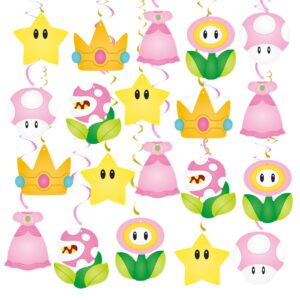 20pcs princess peach hanging swirls, pink yellow princess peach birthday party hanging decor whirl, cartoon ceiling streamers for girl mario princess peach party, princess baby shower decorations