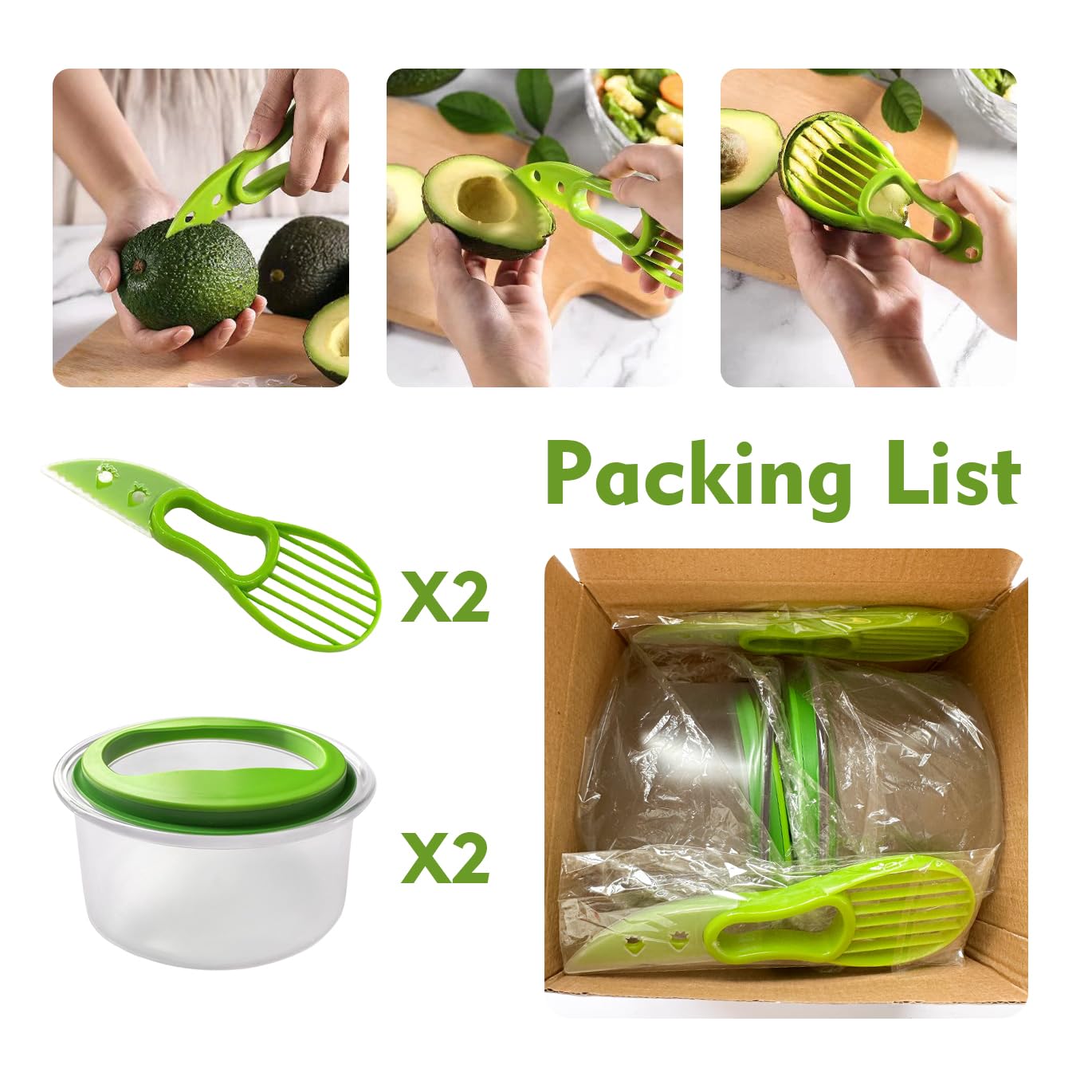 Kreapa Guacamole keeper (2park) guacamole bowls avocado keeper Fresh Guacamole Plastic Kitchen Storage Container with Air Tight Lid, 3-in-1 Avocado Slicer avocado tool 2pcs